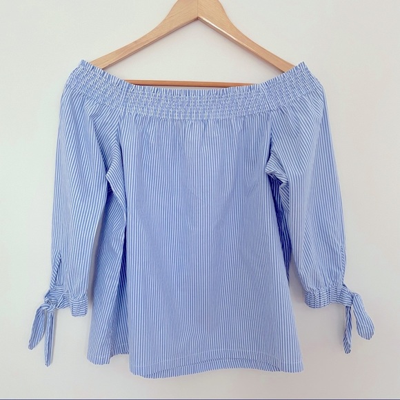 LOFT Blue and White Striped Off the Shoulder Shirt - Picture 5 of 6